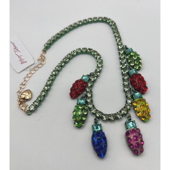 Betsey Johnson NWT Rhinestone Necklace w Multicolor Drop Charms 18" - Picture 2 of 3